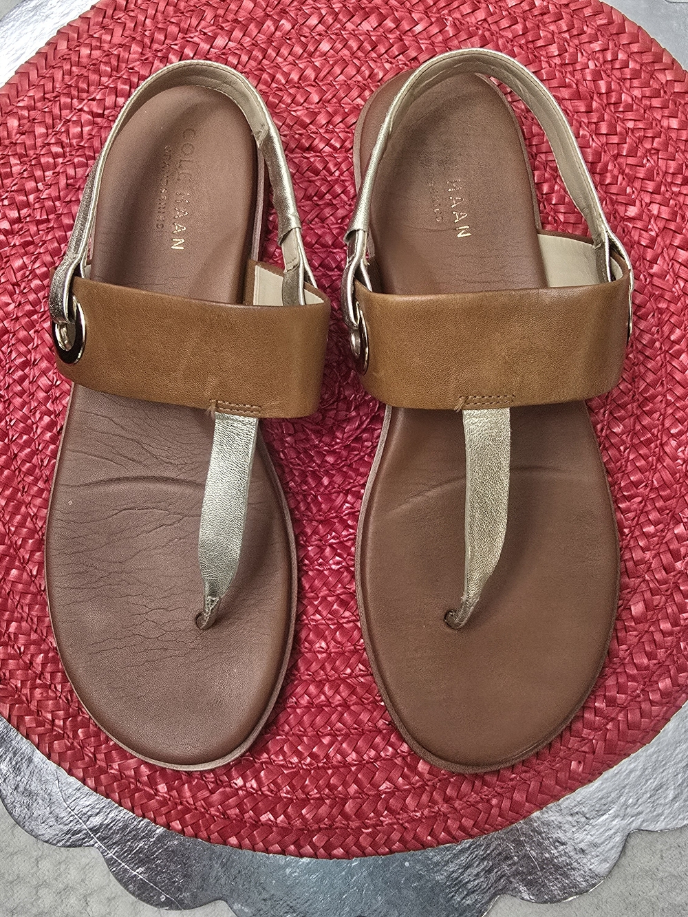 Cole Haan GrandseWomen's Brown Leather Slingback Sandals with Metallic Toe Strap